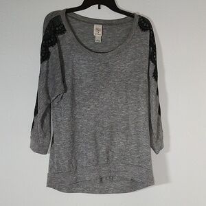 Gray Sweatshirt like Top with Black Lace going down each sleeve